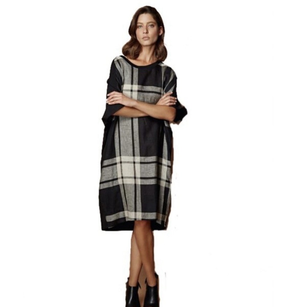 Alembika Plaid Kaftan Shift Dress Womens Small Oversized Black Linen Lagenlook